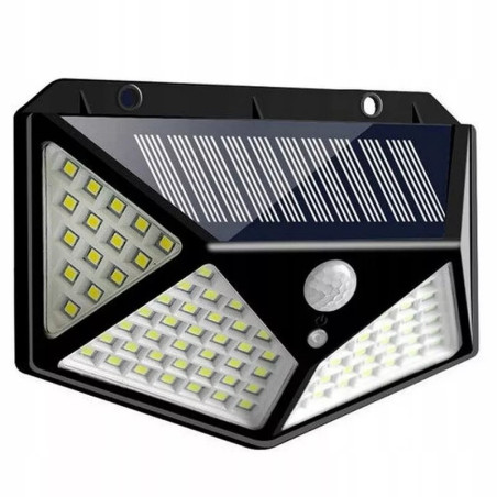 czarna lampa solarna LED z panelem i czujnikami ruchu oraz zmierzchu zamontowana na ścianie