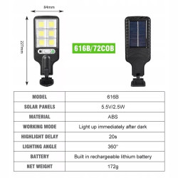 Czarna latarnia solarna z 6 diodami COB, czujnikiem ruchu i przyciskami ON/OFF