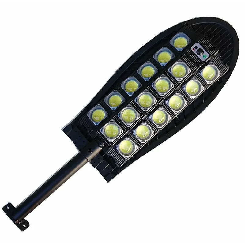 Czarna latarnia solarna z 527 diodami LED COB i panelem solarnym na spodzie