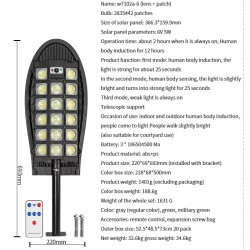 Czarna latarnia solarna z 527 diodami LED COB i panelem solarnym na spodzie