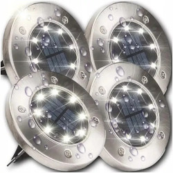 Cztery okrągłe lampy solarne LED z metalową ramą i szpikulcem do wbicia w ziemię