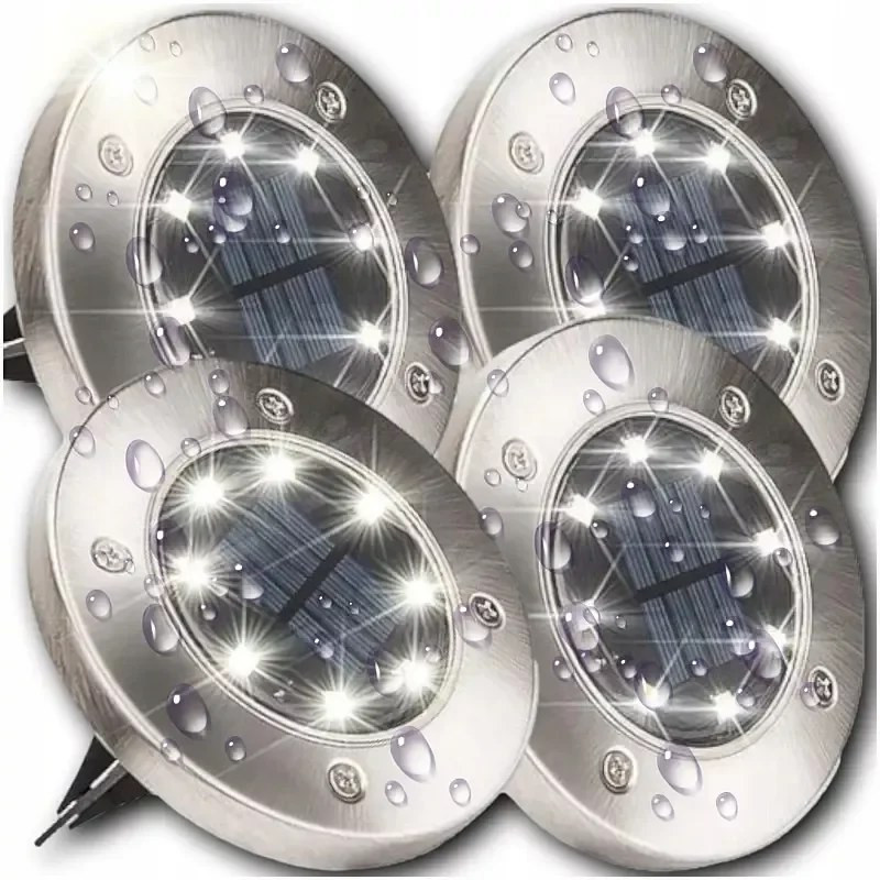 Cztery okrągłe lampy solarne LED z metalową ramą i szpikulcem do wbicia w ziemię