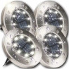 Cztery okrągłe lampy solarne LED z metalową ramą i szpikulcem do wbicia w ziemię