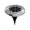 Cztery okrągłe lampy solarne LED z metalową ramą i szpikulcem do wbicia w ziemię