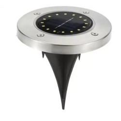 Cztery okrągłe lampy solarne LED z metalową ramą i szpikulcem do wbicia w ziemię