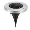 Cztery okrągłe lampy solarne LED z metalową ramą i szpikulcem do wbicia w ziemię