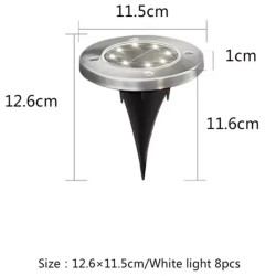 Cztery okrągłe lampy solarne LED z metalową ramą i szpikulcem do wbicia w ziemię