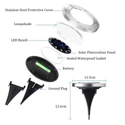 Cztery okrągłe lampy solarne LED z metalową ramą i szpikulcem do wbicia w ziemię