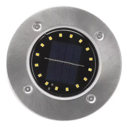 Cztery okrągłe lampy solarne LED z metalową ramą i szpikulcem do wbicia w ziemię
