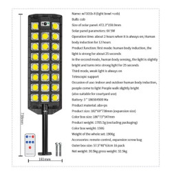 Czarna lampa solarna LED z panelem słonecznym, czujnikiem ruchu i pilotem