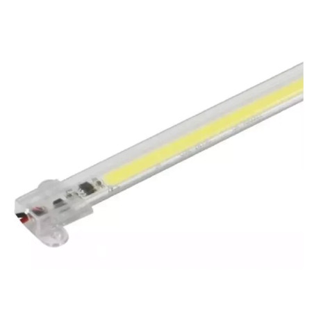 Listwa LED meblowa w aluminiowej osłonie, widoczny pasek diod COB i przewód zasilający