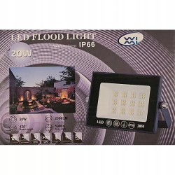 Czarny halogen LED 20W z diodami i oznaczeniem IP66 na czarnym tle