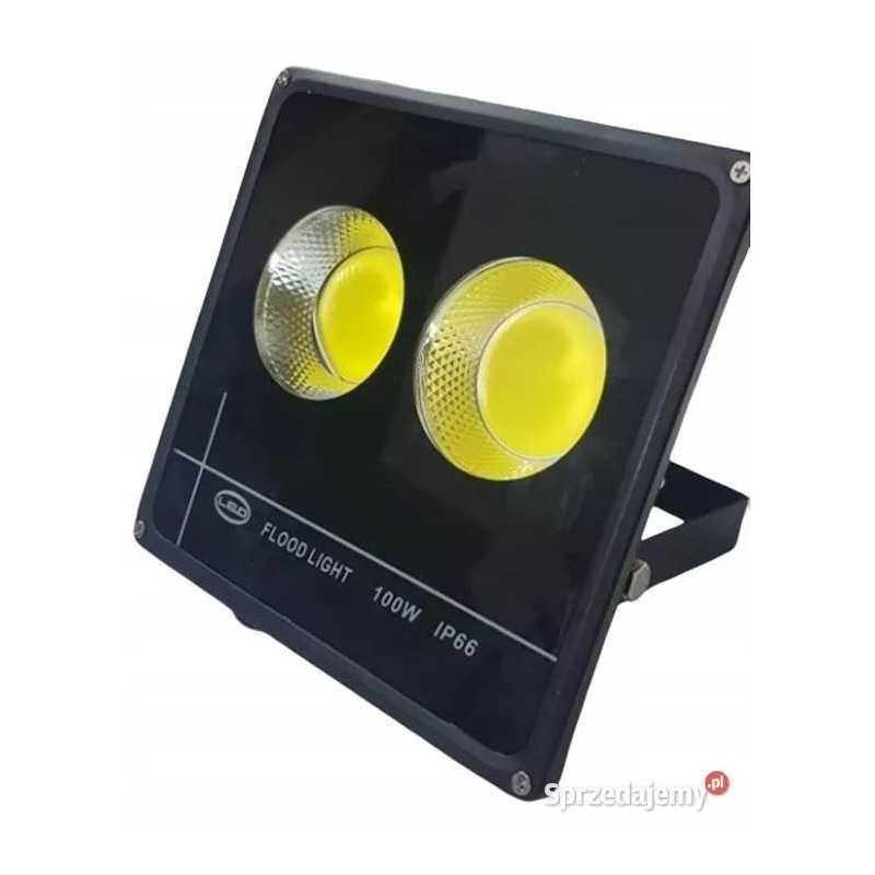 czarny halogen LED z dwoma żółtymi diodami COB, front z napisem flood light 100W