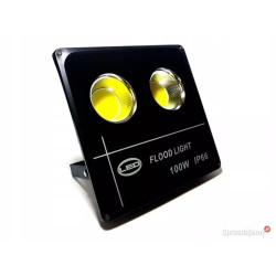 czarny halogen LED z dwoma żółtymi diodami COB, front z napisem flood light 100W