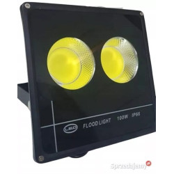 czarny halogen LED z dwoma żółtymi diodami COB, front z napisem flood light 100W