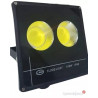 czarny halogen LED z dwoma żółtymi diodami COB, front z napisem flood light 100W