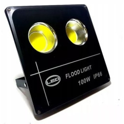 czarny halogen LED z dwoma żółtymi diodami COB, front z napisem flood light 100W