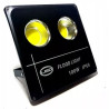 czarny halogen LED z dwoma żółtymi diodami COB, front z napisem flood light 100W