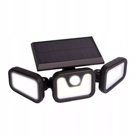 Lampa solarna LED z trzema modułami i panelem solarnym na czarnej obudowie