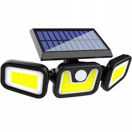 Czarna lampa solarna z 3 ruchomymi panelami LED i panelem solarnym na górze