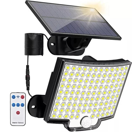 Czarna ścienna lampa solarna z panelem, kablem i pilotem, widok z przodu i panel słoneczny