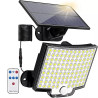 Czarna ścienna lampa solarna z panelem, kablem i pilotem, widok z przodu i panel słoneczny