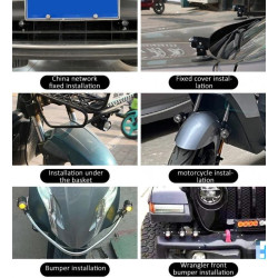 Dwa czarne halogeny motocyklowe z przezroczystymi soczewkami i metalowymi uchwytami
