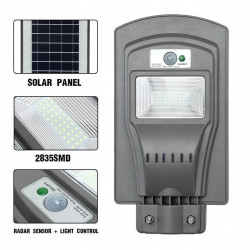 Szara latarnia solarna na mocowaniu ściennym z panelem solarnym i wbudowanym czujnikiem ruchu