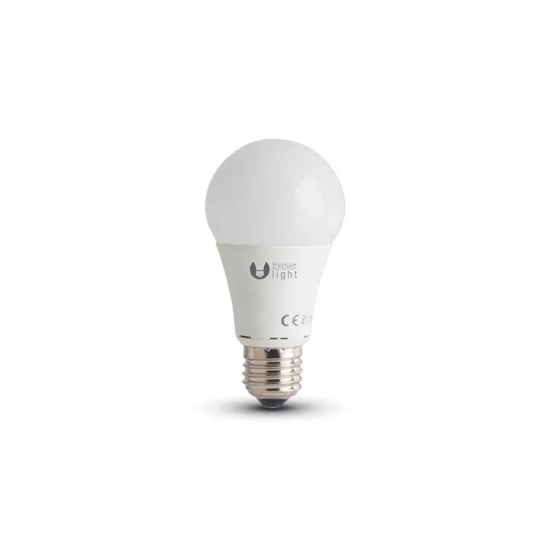 Żarówka LED z gwintem E27 o klasycznym kształcie, biały klosz, oznaczenia producenta