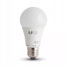 Żarówka LED z gwintem E27 o klasycznym kształcie, biały klosz, oznaczenia producenta