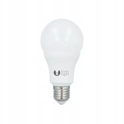 Żarówka LED z gwintem E27 o klasycznym kształcie, biały klosz, oznaczenia producenta