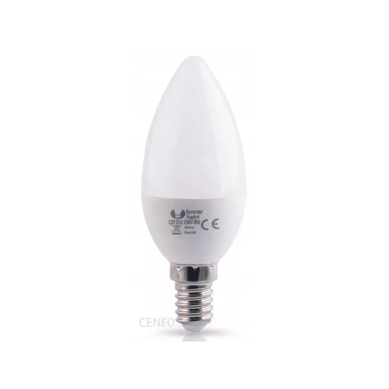 Biała żarówka LED w kształcie świecy z trzonkiem E14 i oznaczeniami producenta Forever light