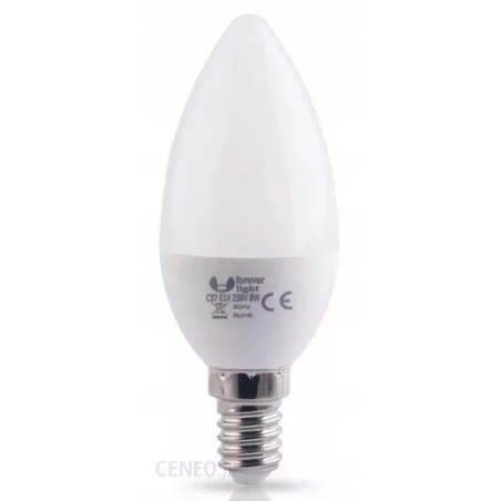 Biała żarówka LED w kształcie świecy z trzonkiem E14 i oznaczeniami producenta Forever light