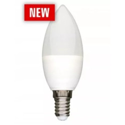 Biała żarówka LED w kształcie świecy z trzonkiem E14 i oznaczeniami producenta Forever light