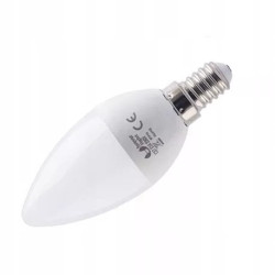 Biała żarówka LED w kształcie świecy z trzonkiem E14 i oznaczeniami producenta Forever light