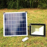 Zestaw solarny z halogenem LED, panelem słonecznym i pilotem na białym tle
