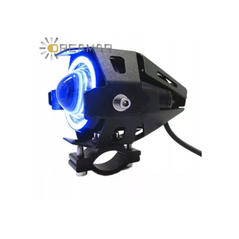 Czarny halogen motocyklowy U7 z niebieskim pierścieniem i czarnym manualnym włącznikiem