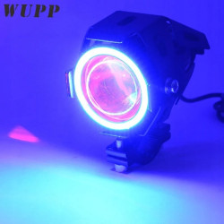 Czarny halogen motocyklowy U7 z niebieskim pierścieniem i czarnym manualnym włącznikiem