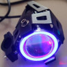 Czarny halogen motocyklowy U7 z niebieskim pierścieniem i czarnym manualnym włącznikiem
