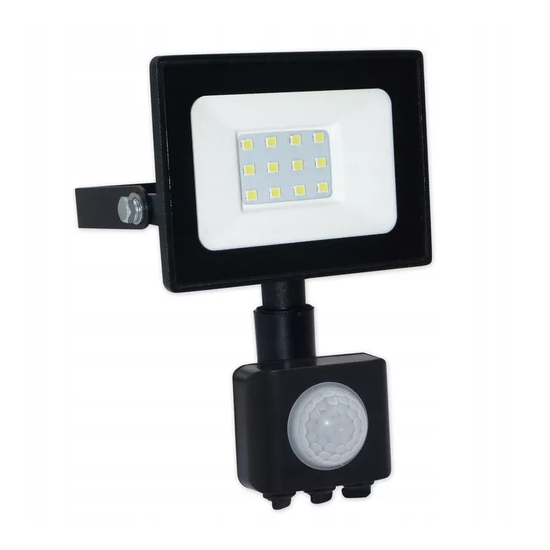 czarny halogen LED 10W z czujnikiem ruchu i białą powierzchnią świecącą