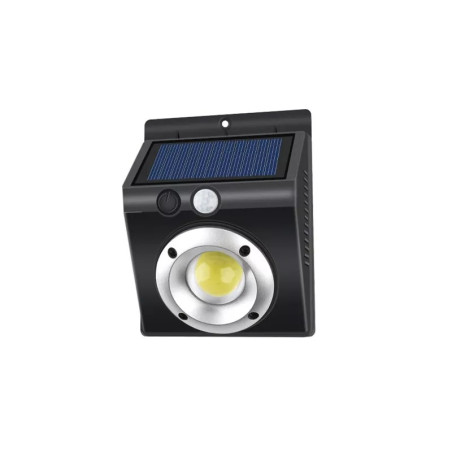 czarna lampa solarna ścienna z panelem solarnym, diodą LED COB i czujnikiem ruchu