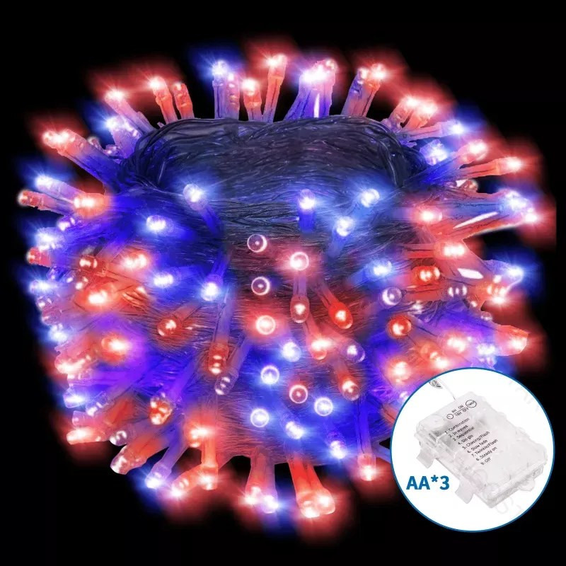 Lampki sznurkowe 100 LED czerwono-niebieskie 10 m na 3 baterie AA