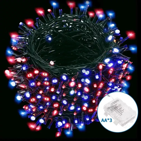 Lampki sznurkowe 200 LED czerwono-niebieskie 10 m na 3 baterie AA