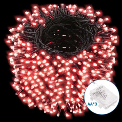 Lampki LED 300 szt. czerwone światło 15 m, na 3 baterie AA, sznur płaski