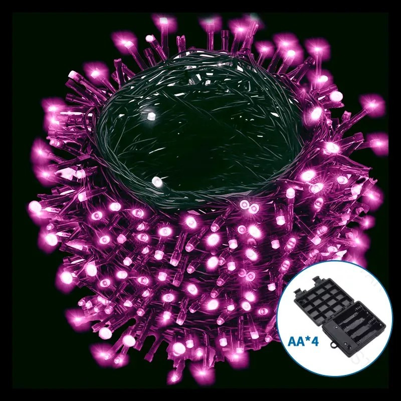 Płaskie lampki sznurkowe 500LED różowe 25m na 4 baterie AA