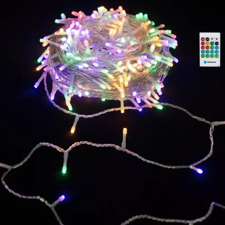 Lampki LED 100 szt. RGBY 10m z pilotem na 3 baterie AA, IP44