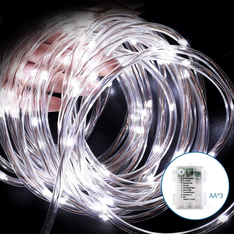 Liniowe lampki sznurkowe LED 15 m 150 diod Φ5 mm zimne białe na baterie