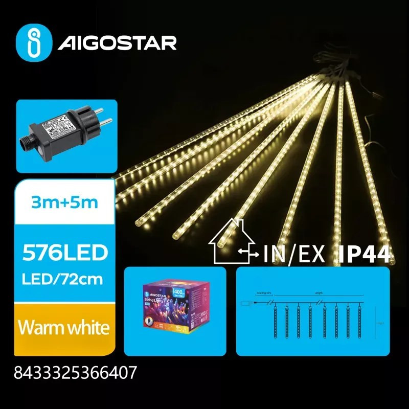 Lampki świetlne meteor 576 LED 6W ciepłe światło IP44 8m