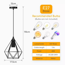 Żyrandol metalowy 60W E27 czarna klatka wysokość 110 cm przewód 0,8 m