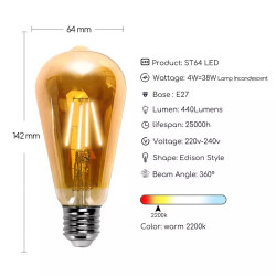Żarówka LED filamentowa ST64 E27 4W 2200K bursztynowa szklana